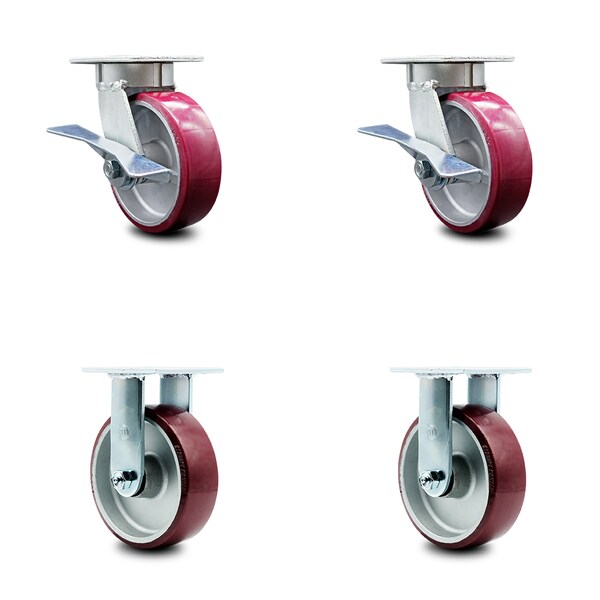 6 Inch Kingpinless Poly on Aluminum Wheel Caster Brakes 2 Rigid SCC, 2PK